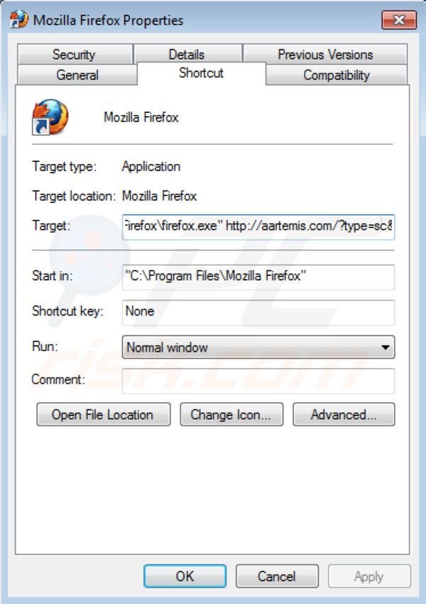 Aartemis von den Mozilla Firefox Verknüpfungszielen entfernen