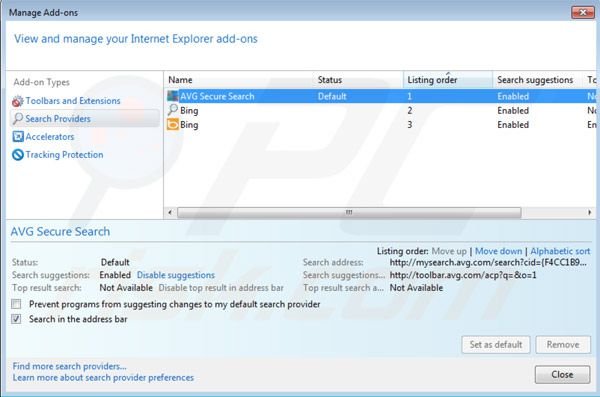 AVG Search von den Standardsucheinstellungen in Internet Explorer entfernen