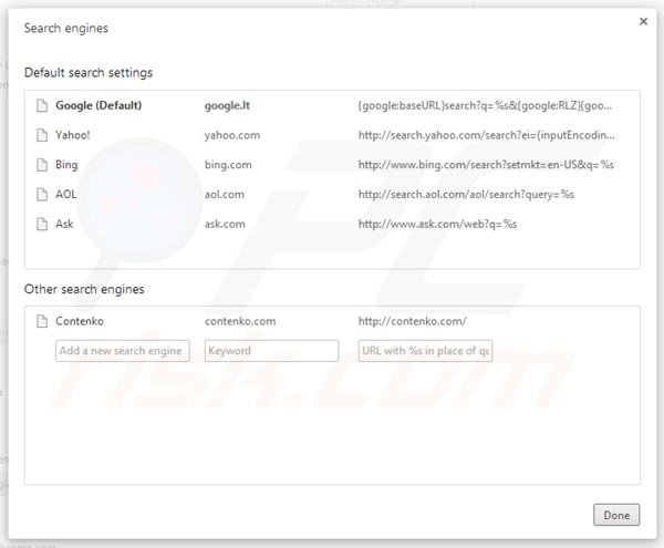 contenko.com von den Google Chrome Standardsuchmaschinen Einstellungen entfernen