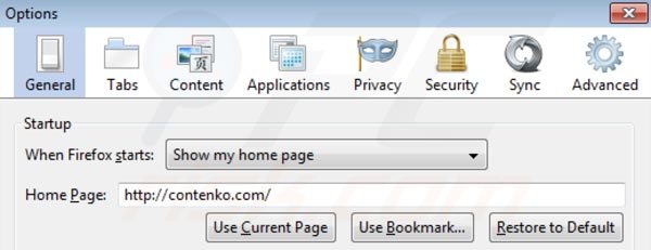 contenko.com von der Mozilla Firefox Homepage entfernen