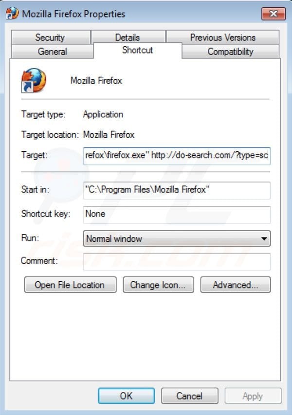Do-search.com Entfernung vom Mozilla Firefox Verknüpfungsziel