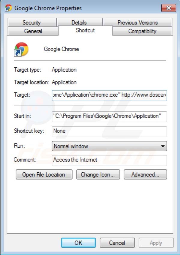 Dosearches Entfernung vom Google Chrome Verknüpfungsziel