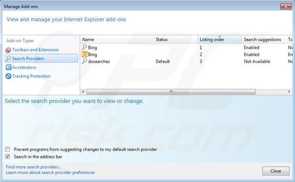 Dosearches Entfernung von den Internet Explorer Standardsuchmaschineneinstellungen