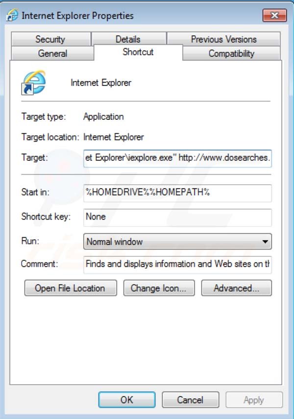 Dosearches Entfernung vom Internet Explorer Shortcut Ziel