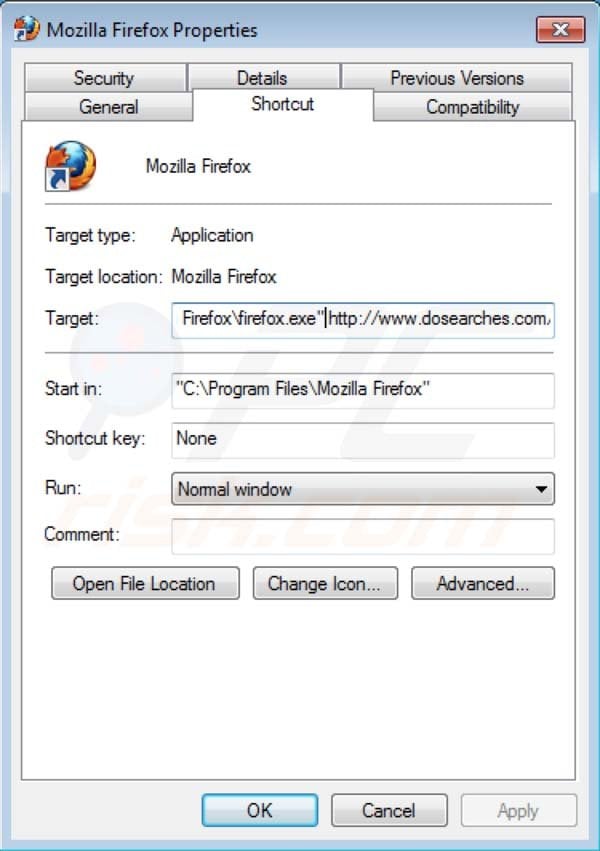 Dosearches Entfernung vom Mozilla Firefox Verknüpfungsziel