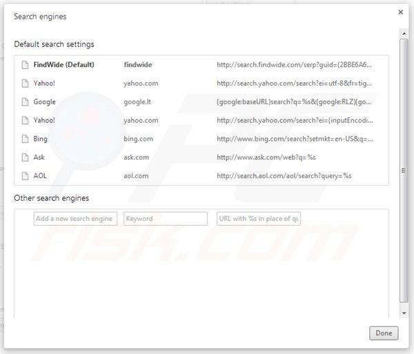 search.findwide.com von den Google Chrome Standardsuchmaschinen Einstellungen entfernen