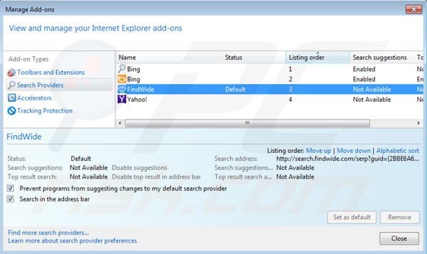 search.findwide.com von den Internet Explorer Standardsuchmaschinen Einstellungen entfernen