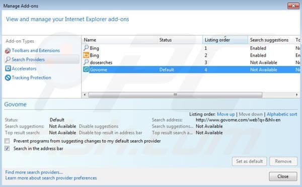 Govome von den Internet Explorer Standardsuchmaschinen Einstellungen entfernen