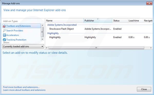 Highlightly von Internet Explorer Erweiterungen entfernen Schritt 2