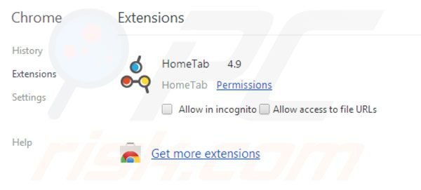 Hometab removal from Google Chrome extensions step 2