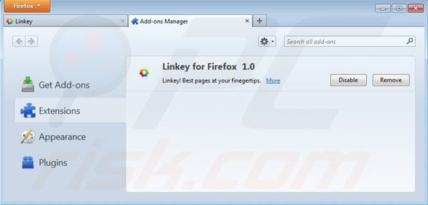 Removing linkey from Mozilla Firefox extensions step 2