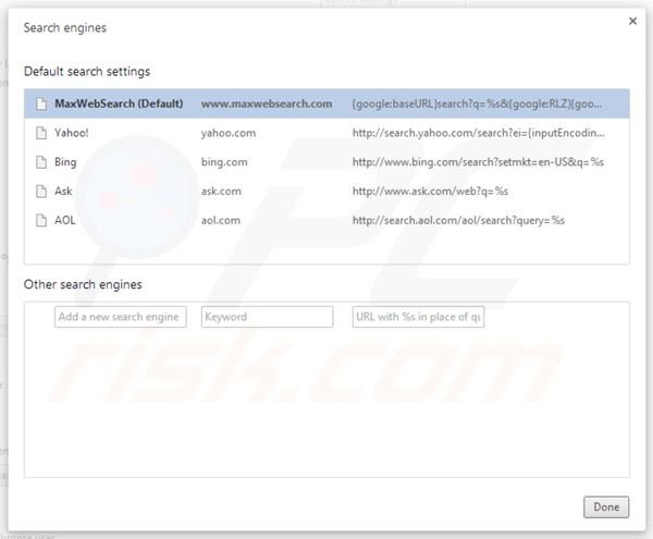 maxwebsearch.com Entfernung von den Google Chrome Standardsuchmaschinen Einstellungen