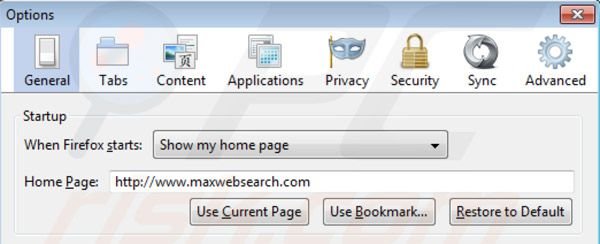 maxwebsearch.com von der Mozilla Firefox Homepage entfernen