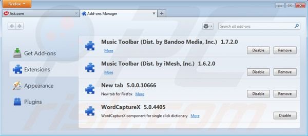 Music Symbolleiste von Mozilla Firefox Erweiterungen entfernen