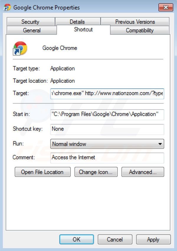 Nationzoom.com von Google Chrome Verknüpfungszielen entfernen