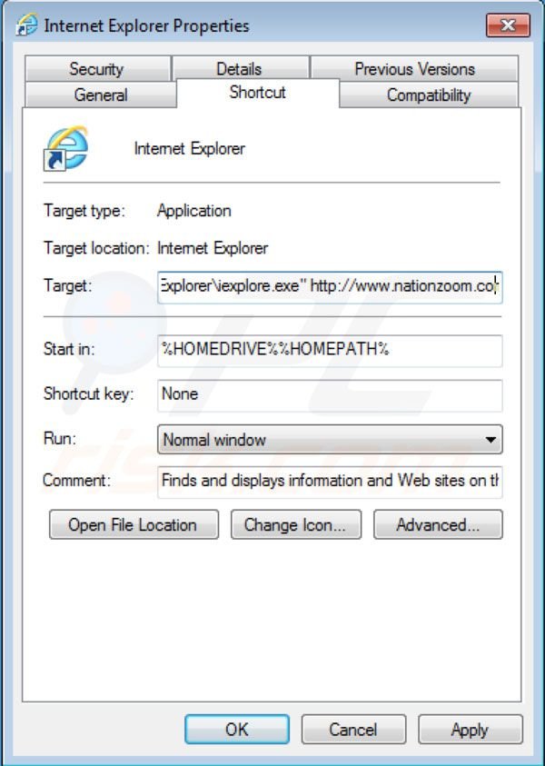 Nationzoom.com von Internet Explorer Verknüpfungszielen entfernen