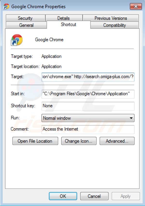 Omiga plus Entfernung von Google Chrome Verknüpfungszielen