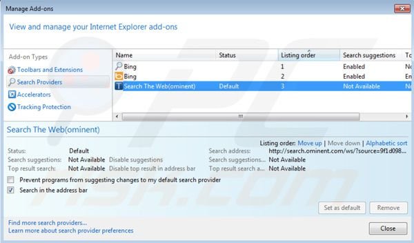 search.ominent.com von der Internet Explorer Standardsuchmaschine entfernen