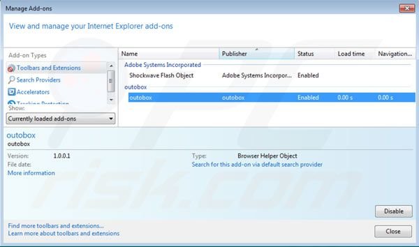 Outobox Entfernung von Internet Explorer Erweiterungen Schritt 2