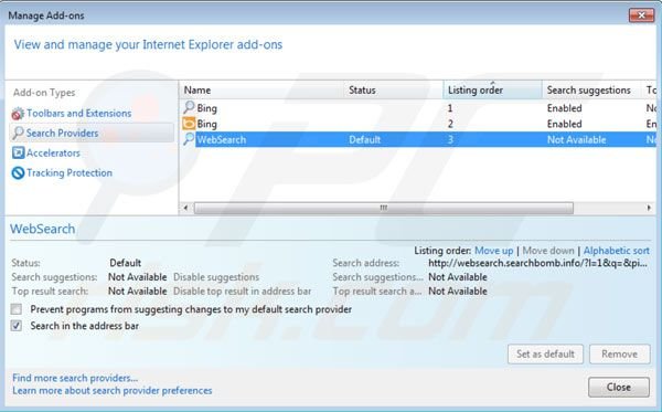 websearch.searchbomb.info von den Internet Explorer Standardsuchmaschinen Einstellungen entfernen