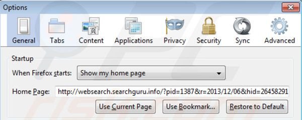 websearch.searchguru.info von der Mozilla Firefox Startseite entfernen