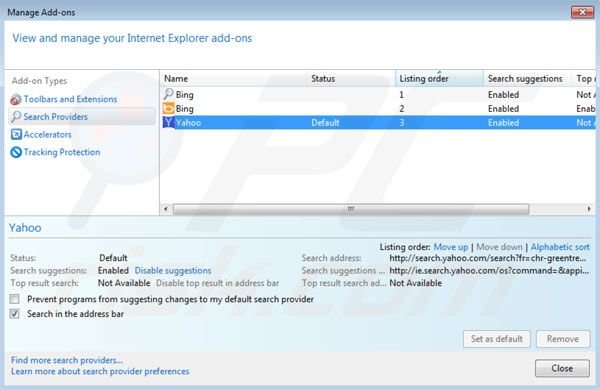  Spigot von den Internet Explorer Starndardsuchmaschine Einstellungen entfernen