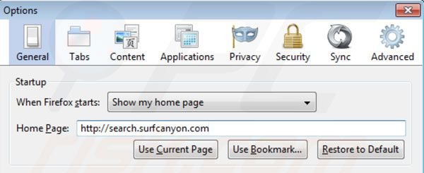 Surf Canyon removal from Mozilla Firefox homepage