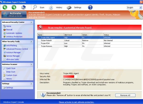 Windows Expert Console gefälschtes Antivirus Programm
