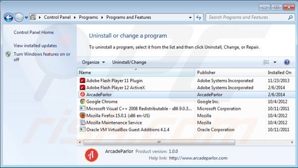 Arcadeparlor uninstall using Control Panel
