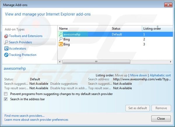 awesomehp.com von den Internet Explorer Standardsuchmaschinen Einstellungen entfernen
