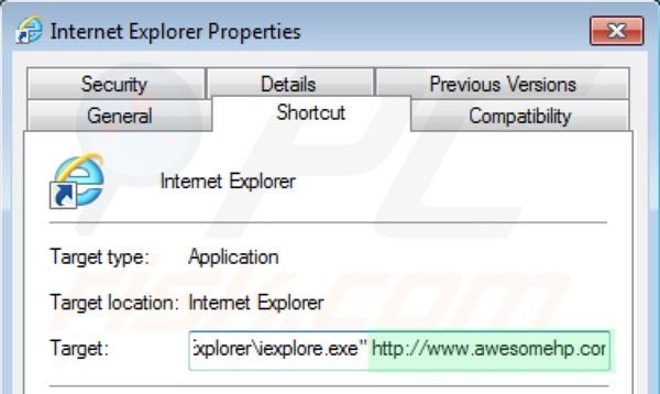 awesomehp.com von Internet Explorer Verknüpfungszielen entfernen Schritt 2