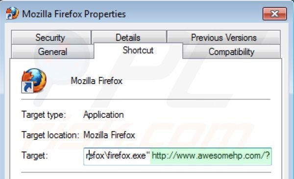 awesomehp.com von den Mozilla Firefox Vernknüpfungszielen entfernen Schritt 2