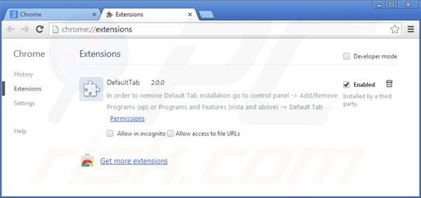  default tab von Google Chrome Erweiterungen entfernen