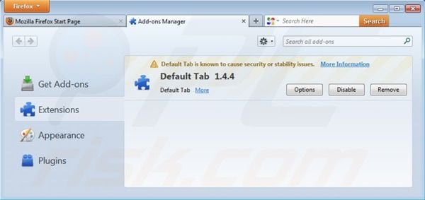 Default tab Virus von Mozilla Firefox Erweiterungen entfernen