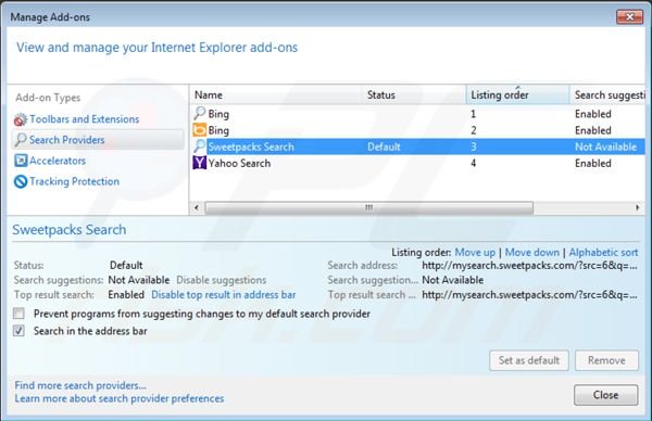 Mysearch.sweetpacks.com von den Internet Explorer Standardsuchmanschine Einstellungen entfernen