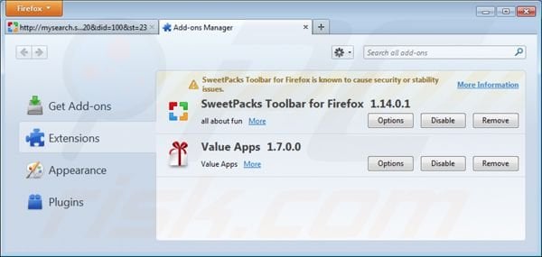 mysearch.sweetpacks.com von Mozilla Firefox Erweiterungen entfernen