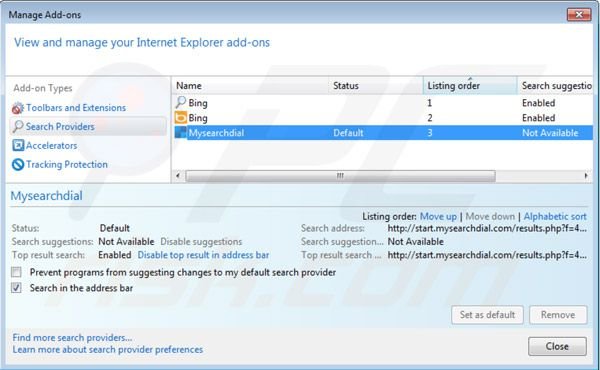 mysearchdial.com von den Internet Explorer Standardsuchmaschinen Einstellungen entfernen