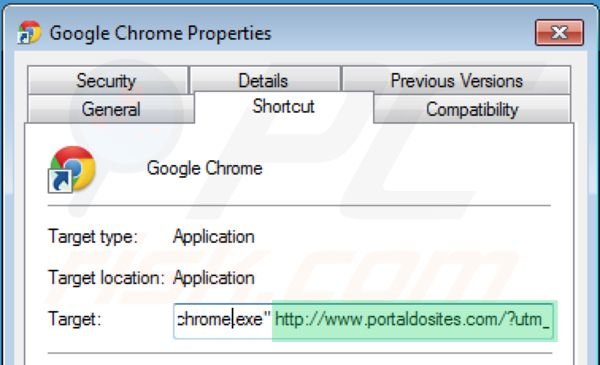 portaldosites.com von den Google Chrome Verknüpfungszielen entfernen Schritt 2