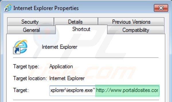 portaldosites.com von den Internet Explorer Verknüpfungszielen entfernen Schritt 2