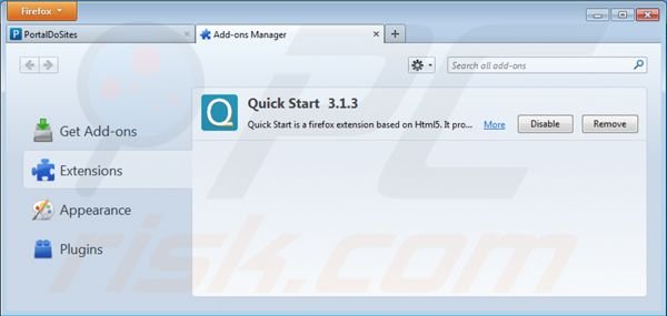 portaldosites.com verwamdte Mozilla Firefox Erweiterungen entfernen