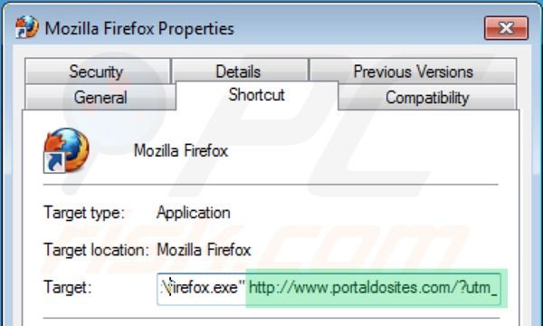 portaldosites.com von den Mozilla Firefox Verknüpfungszielen entfernen Schritt 2