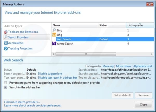 isearch.safefinder.net von den Internet Explorer Standardsuchmaschine Einstellungen entfernen