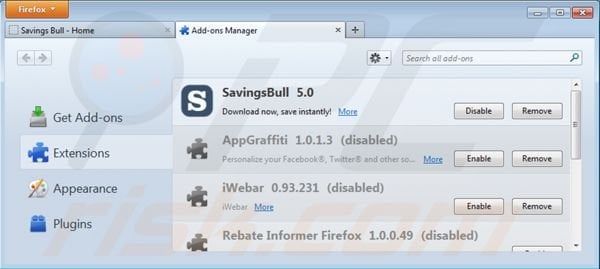 Savings Bull von Mozilla Firefox entfernen Schritt 2