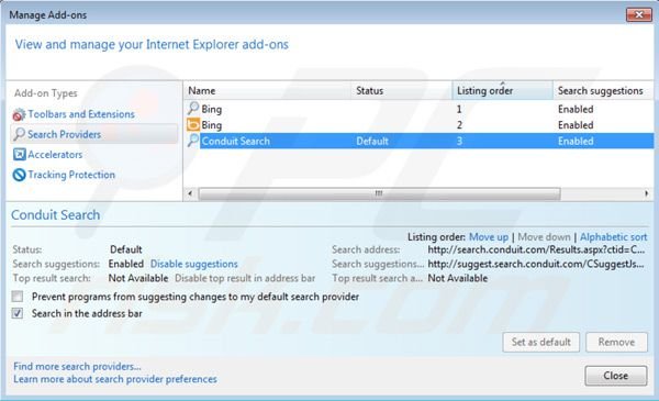 Search Protect von Conduit Entfernung von den Internet Explorer Standardsuchmaschinen Einstellungen