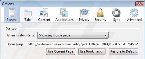 websearch.searchinweb.info von der Mozilla Firefox Startseite entfernen