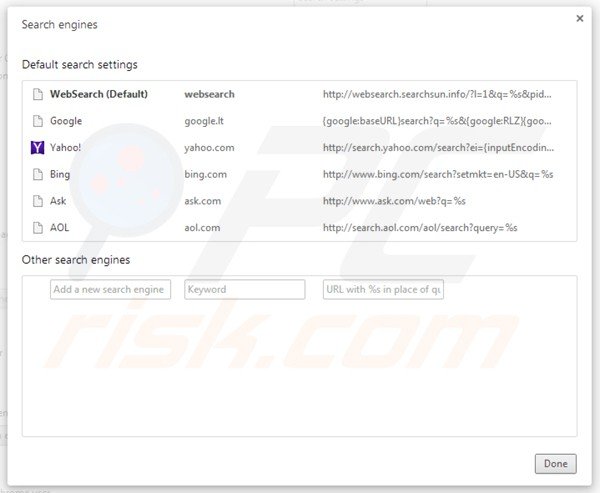 Removing websearch.searchsun.info from Google Chrome default search engine settings