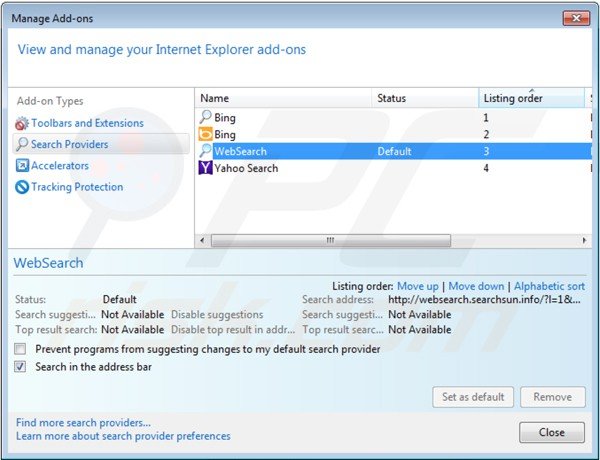 Removing websearch.searchsun.info from Internet Explorer default search engine settings