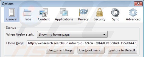 Removing websearch.searchsun.info from Mozilla Firefox homepage