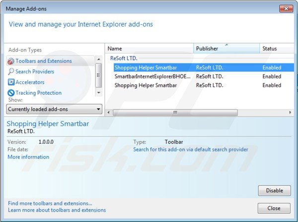 shopping helper smartbar von Internet Explorer Erweiternungen entfernen