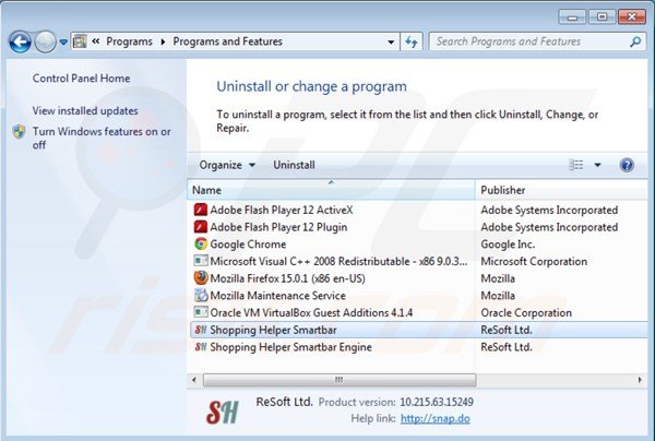 Shopping helper smartbar Deinstallation über Systemsteuerung